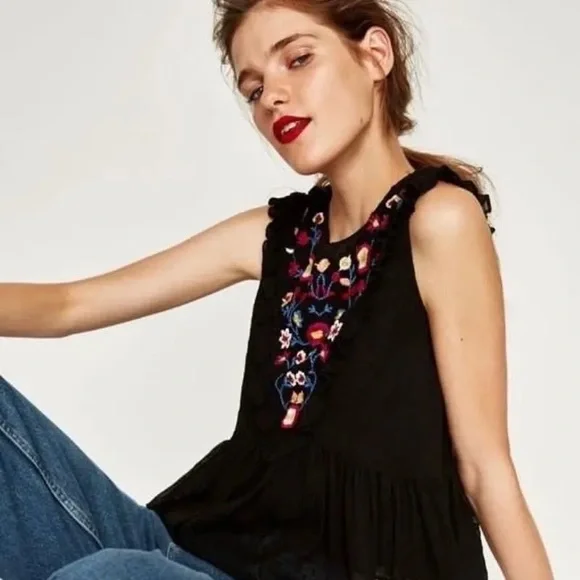 Zara Black Swiss Dot Embroidered Crop Peplum Sleeveless Top Blouse Small S - Picture 2 of 8